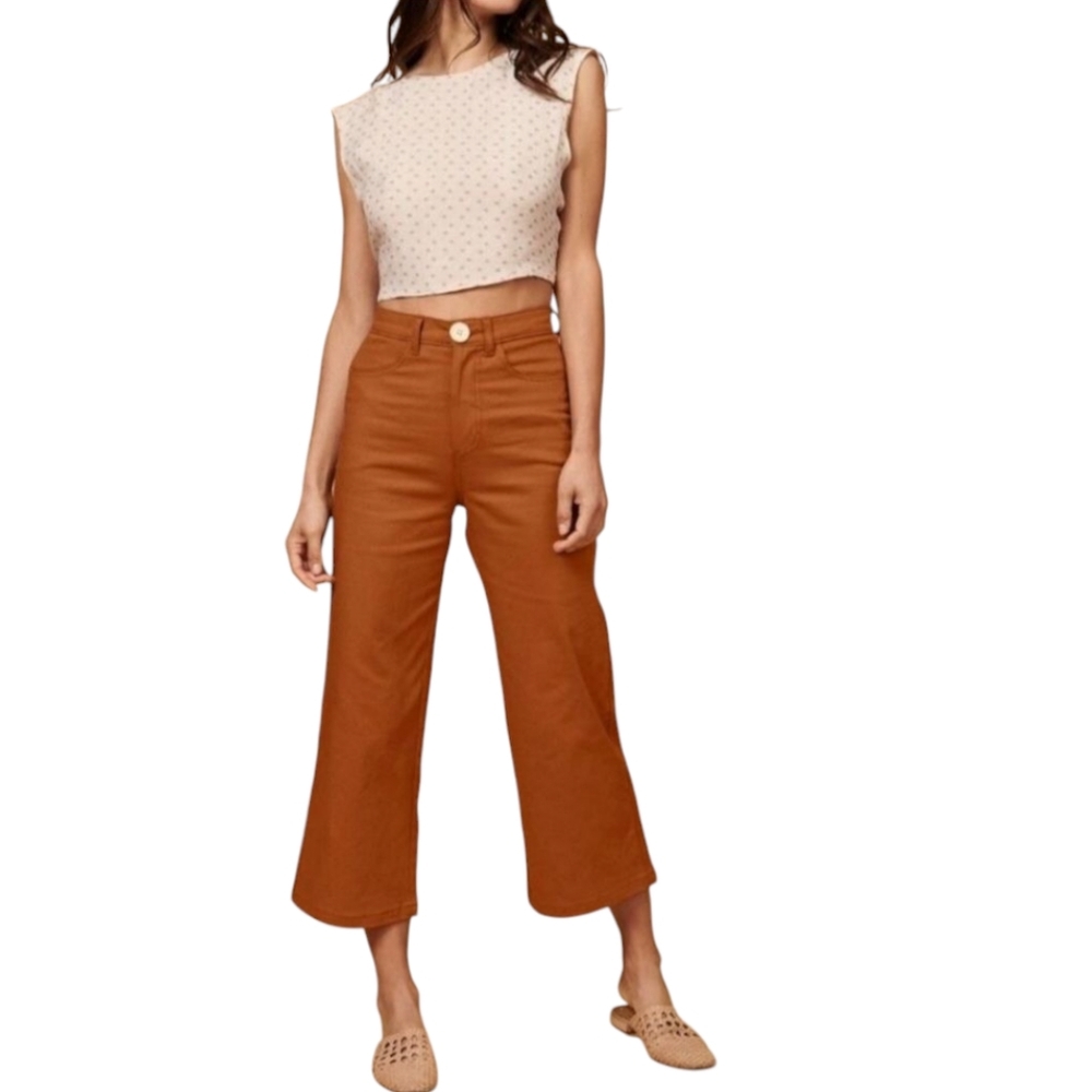 Whimsy & Row Pants 30 Burnt Orange Wide-Leg Organic Cotton Flora High-Rise Crop
